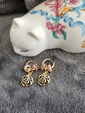 Gold tone Bling Charm Rose Mini Hoop Earrings
